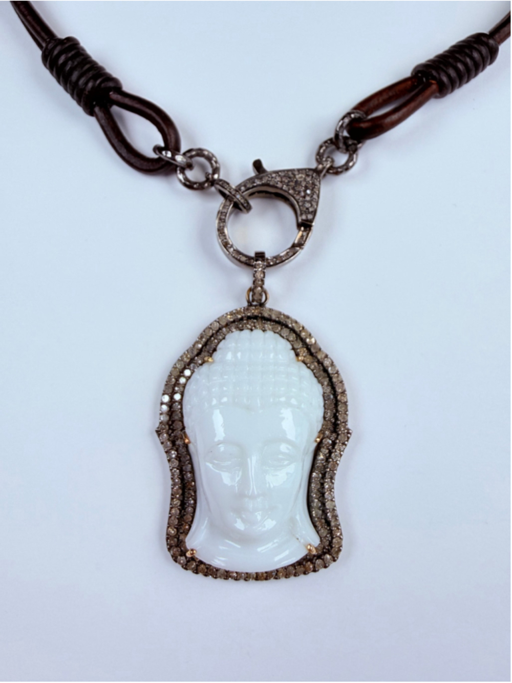 White Jade Buddha Genuine Diamond Sterling Silver 2.1" Armenta Pendant Necklace